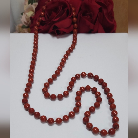 Red Jasper Stone Knotted Necklace Handmade 35" Long Unisex Necklace - Picture 2 of 16